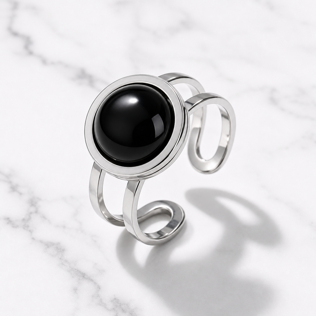 Adjustable Ring with Black Obsidian Stone| Silver Plated -For Women | Includes: Ring
