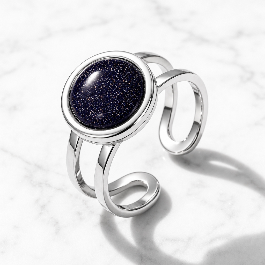 Adjustable Ring with Sparkly Black Bead Stone| Silver Plated -For Women | Includes: Ring