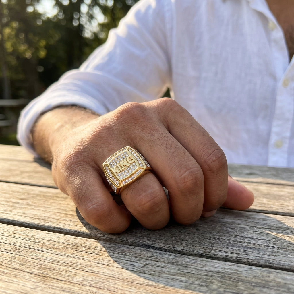 Real Golden Multi Micro Zircon Fadeproof KING Ring | 18K PVD Gold Plated– For Men | Includes: Ring