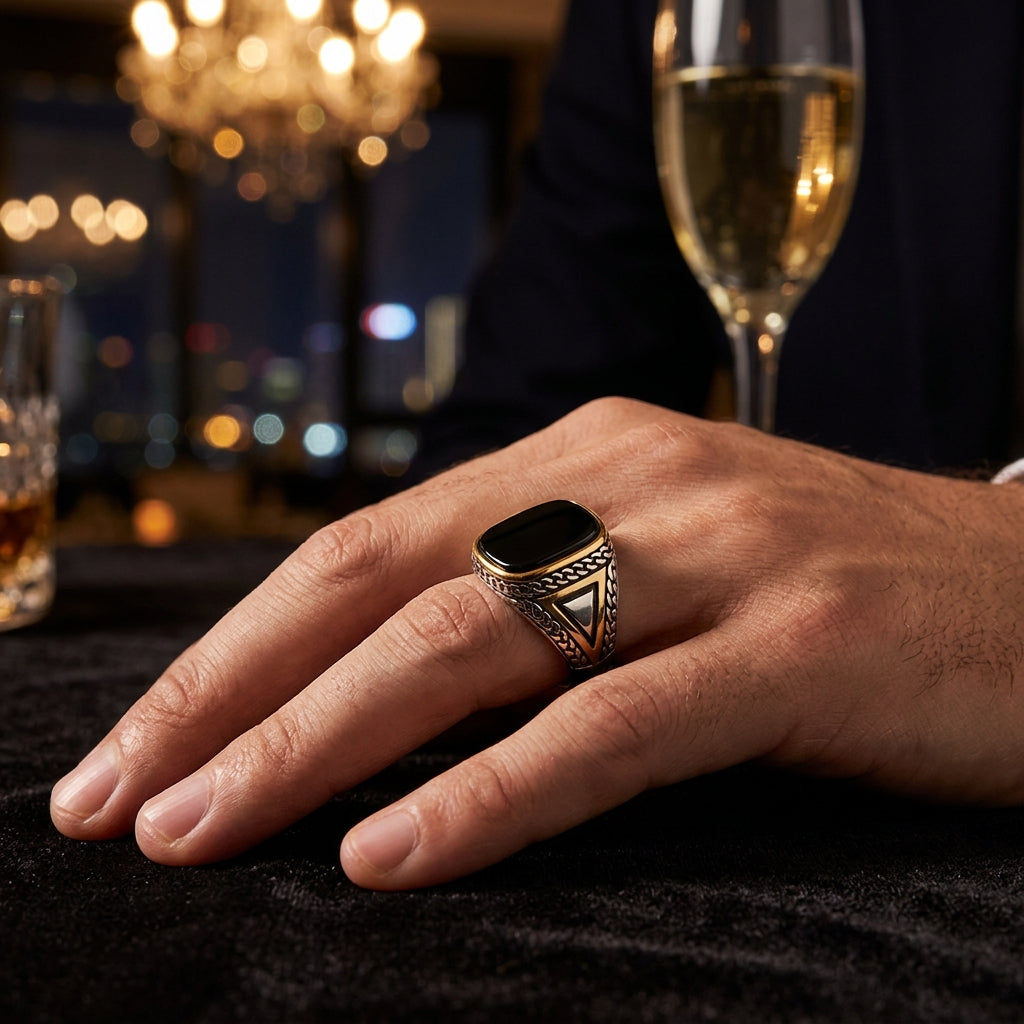 Real Black Stone Everyday Titanium Steel Ring | PVD Plated– For Men | Includes: Ring