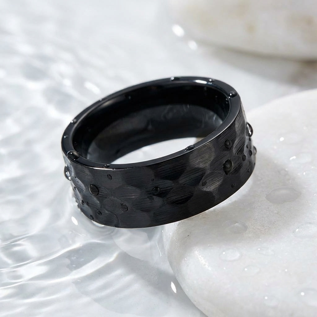 Hammered Titanium Steel Black Ring | PVD Plated– For Men | Includes: Ring