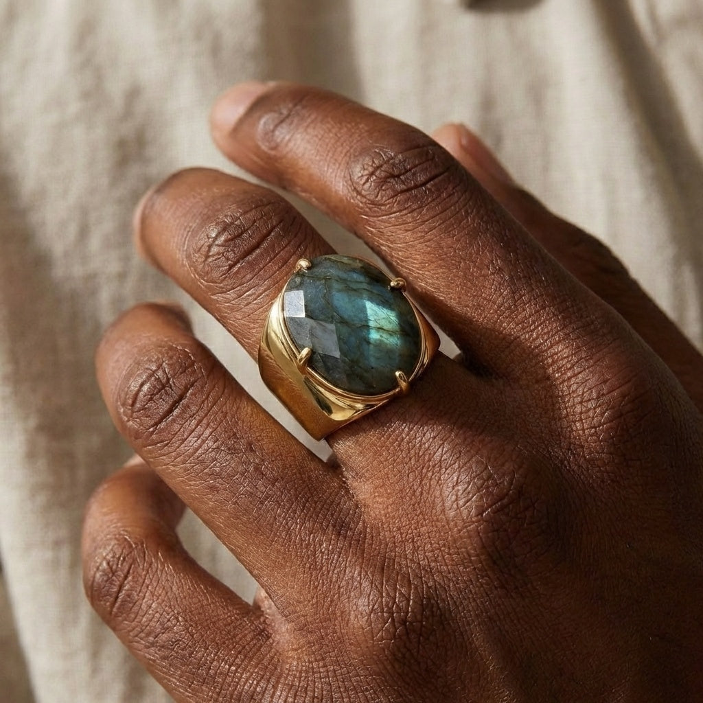 Natural Labradorite Faceted Stone Golden Flexi Size Ring | 18K Real Gold PVD Plated– For Men | Includes: Ring