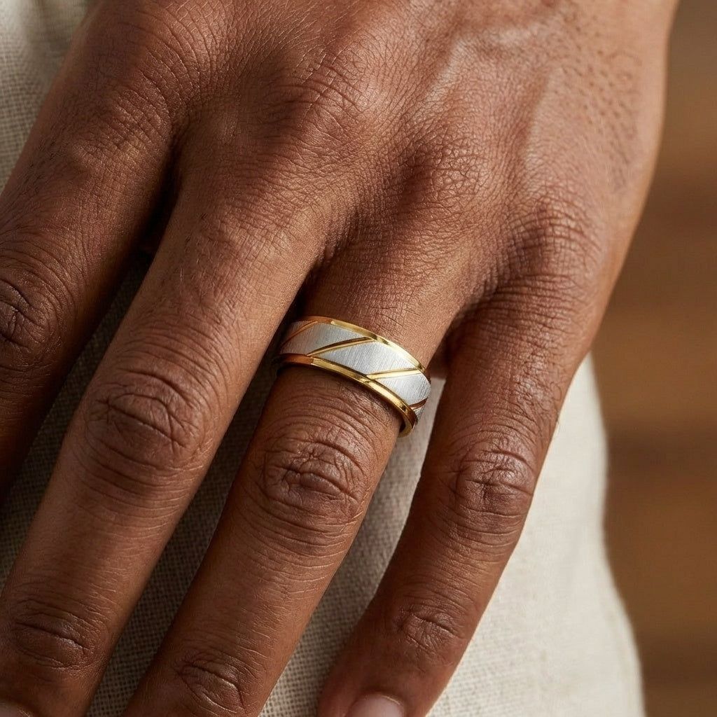 Textured Titanium Steel Golden Ring | 18K Real Gold PVD Plated– For Men | Includes: Ring