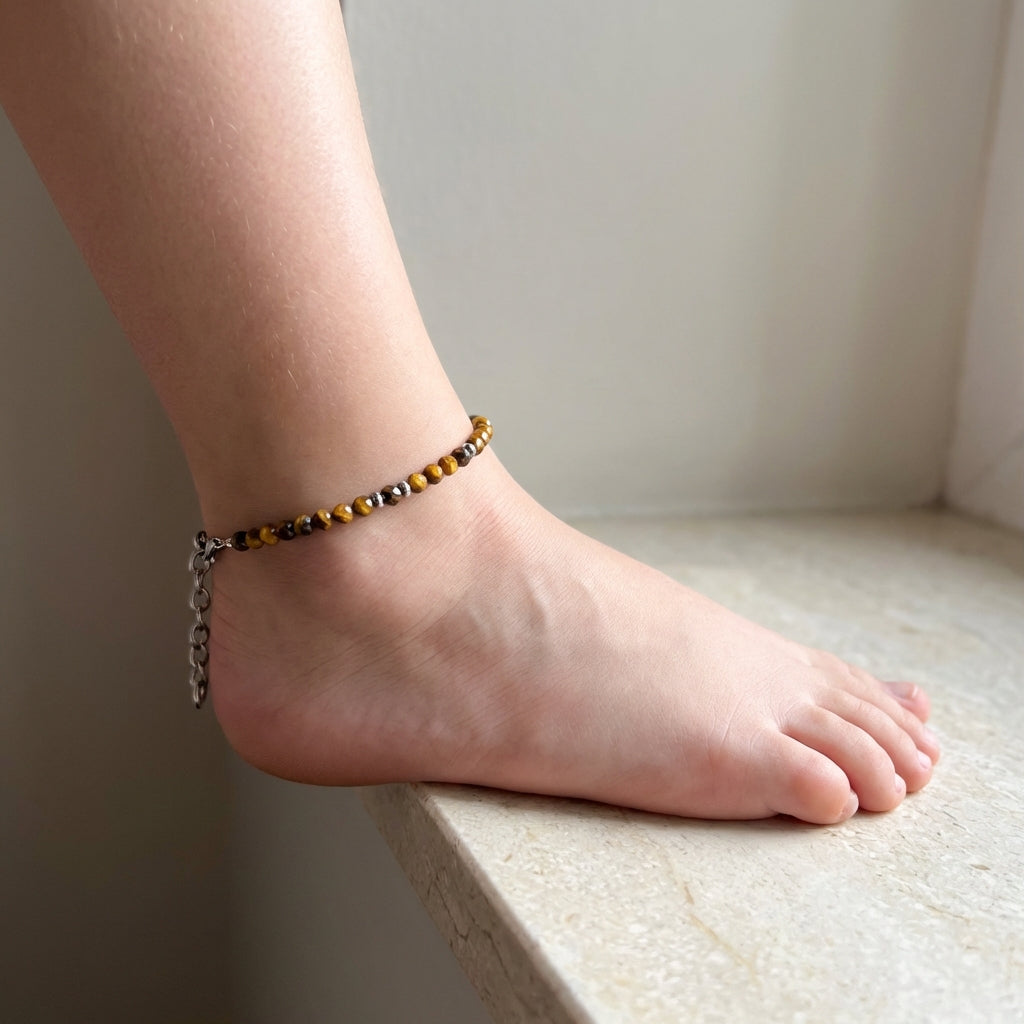 Tiny Tiger Anklet | Tiger Eye Stone - For Girl Kids | Includes: Anklet