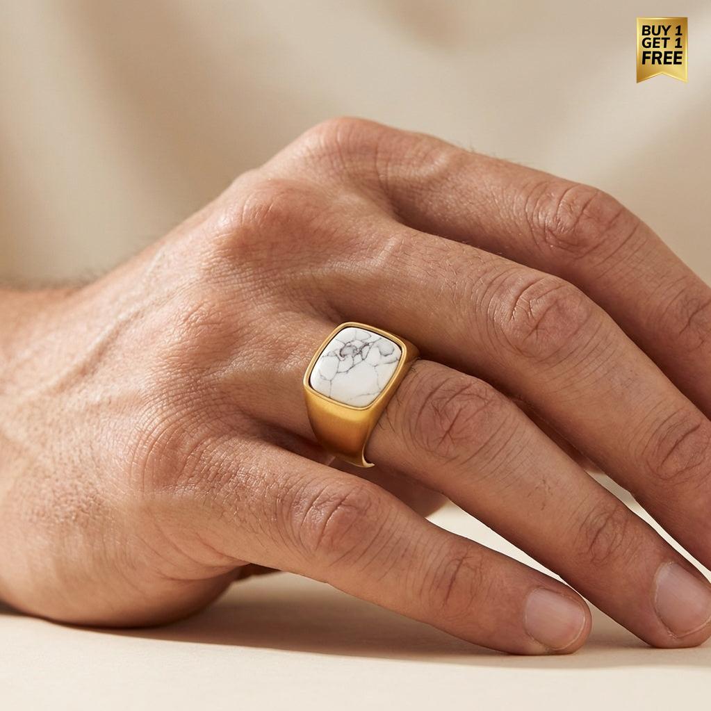 Howlite Stone BOLD Titanium Golden Ring | 18K Real Gold PVD Plated– For Men | Includes: Ring
