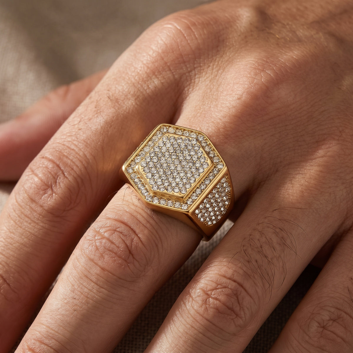 Golden Hexagon Micro Zircon Bold Steel Ring | 18K Real Gold PVD Plated– For Men | Includes: Ring