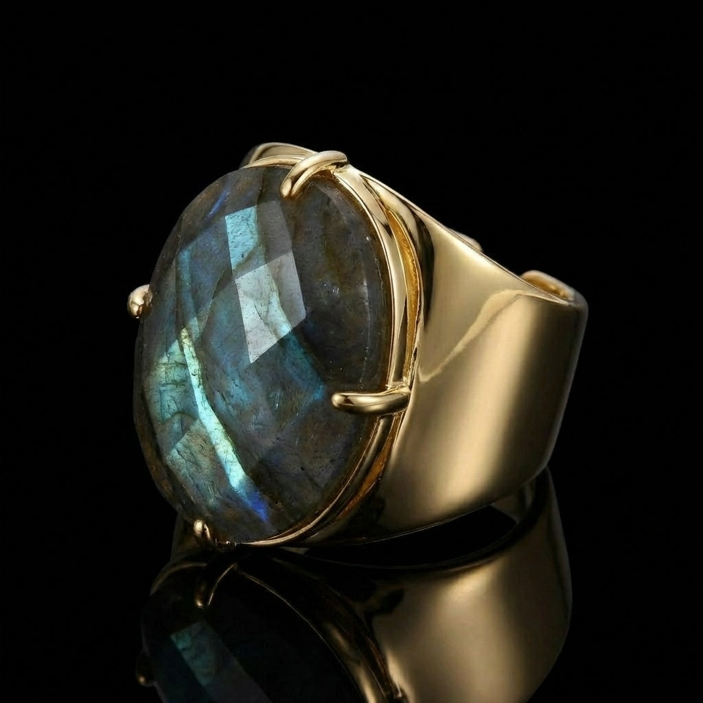 Natural Labradorite Faceted Stone Golden Flexi Size Ring | 18K Real Gold PVD Plated– For Men | Includes: Ring