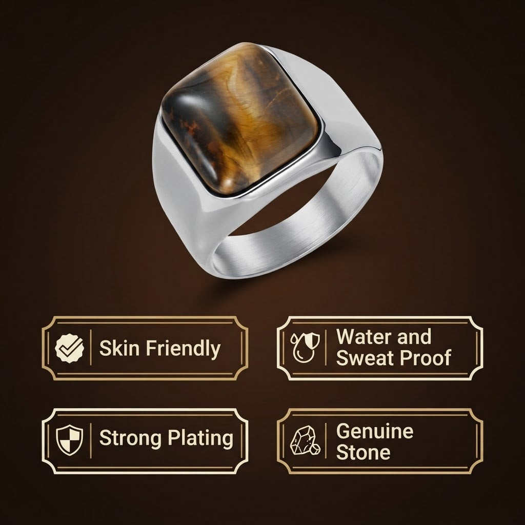 Natural BOLD Tiger Eye Stone Golden Titanium Steel Ring | PVD Plated– For Men | Includes: Ring