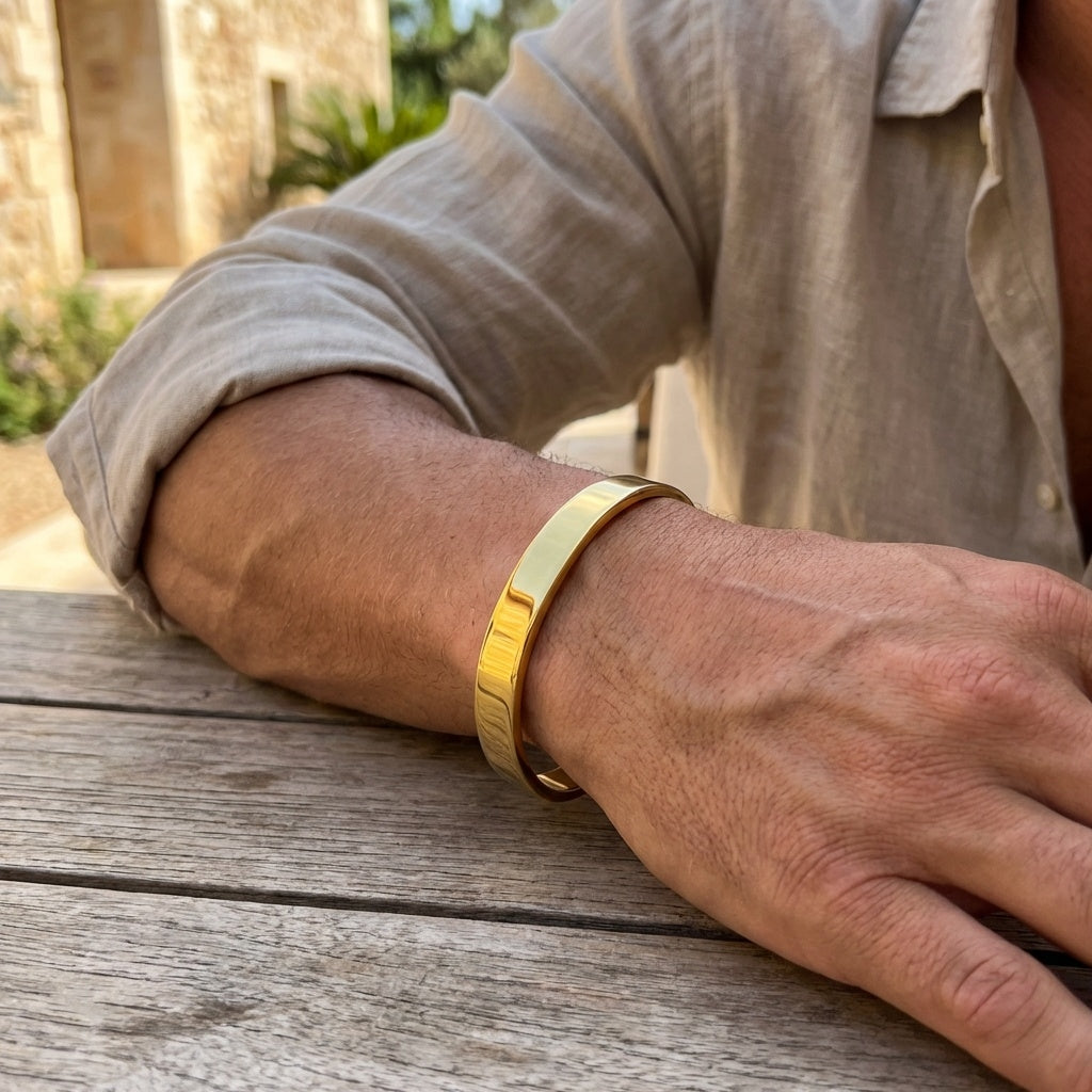 Solid Everyday Cuff REAL GOLD FINISH Bracelet | 18K PVD Gold Plated- For Men | Includes: Bracelet
