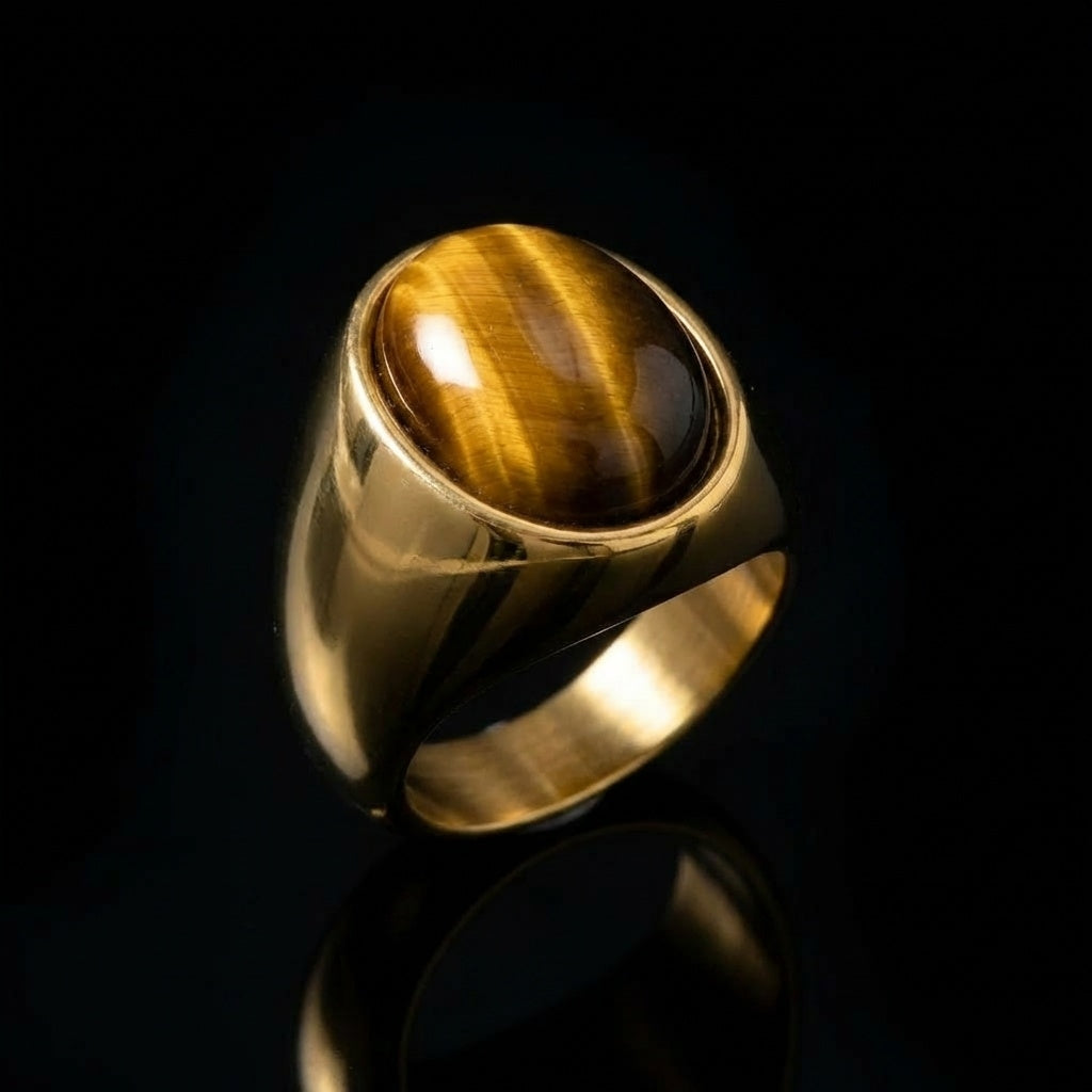 Natural BOLD Tiger Eye Stone Golden Ring | 18K Real Gold PVD Plated– For Men | Includes: Ring