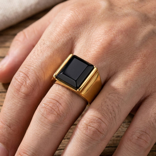 Modern Stylish Golden Black Zircon Ring | 18K Real Gold PVD Plated– For Men | Includes: Ring