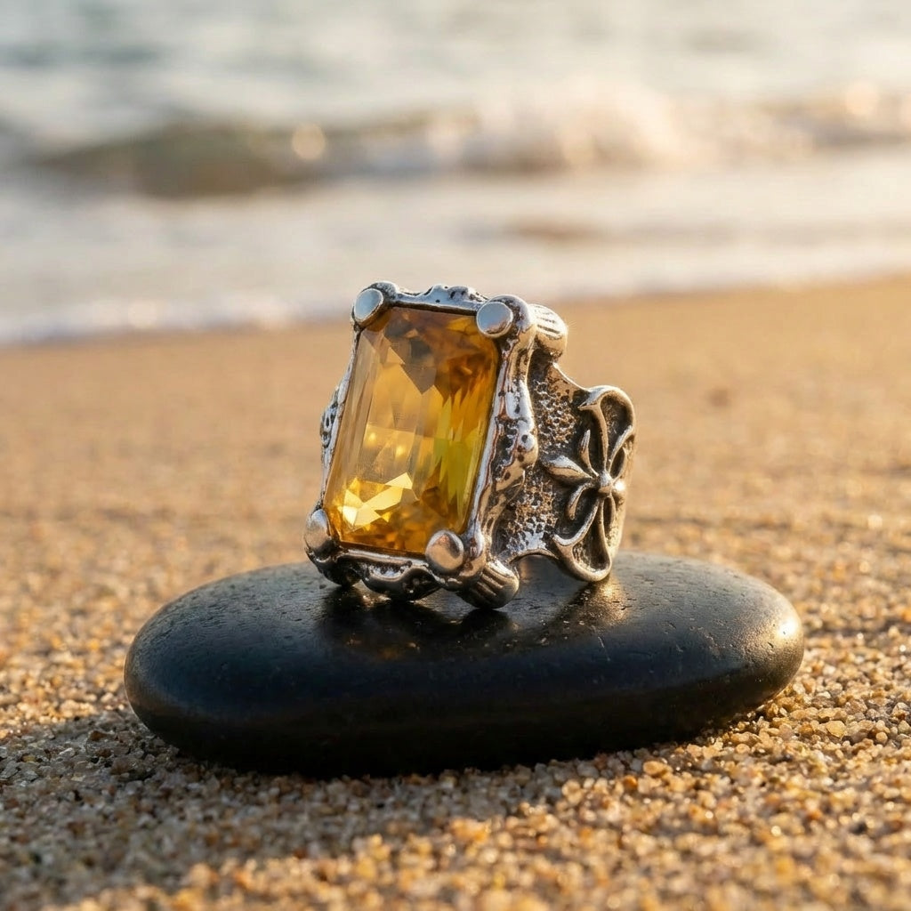Yellow Zircon BOLD Iranian Sword Ring | Titanium Steel– For Men | Includes: Ring