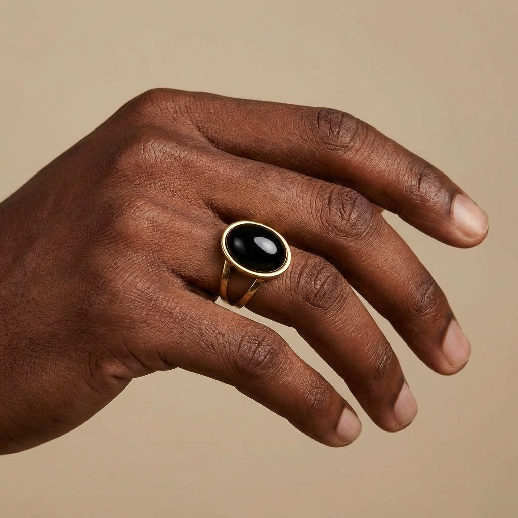 Black Onyx Stone Golden Dual Band Oval Ring | 18K Real Gold PVD Plated– For Men | Includes: Ring