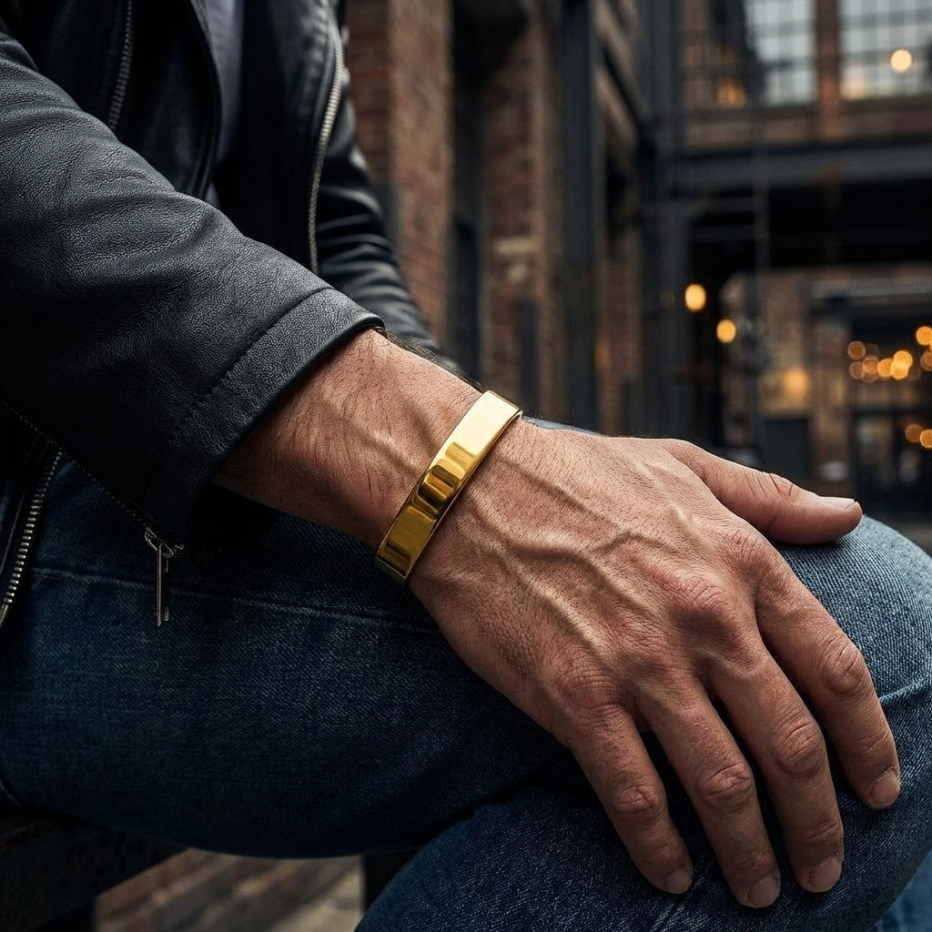 Solid Everyday Cuff REAL GOLD FINISH Bracelet | 18K PVD Gold Plated- For Men | Includes: Bracelet