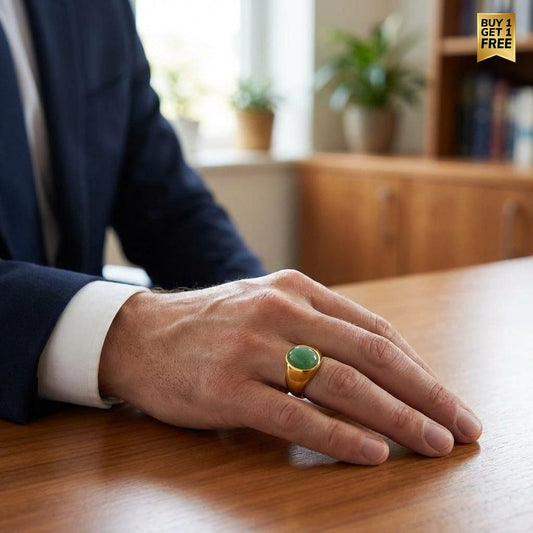 Natural Green Jade Stone Golden Ring | 18K Real Gold PVD Plated– For Men | Includes: Ring