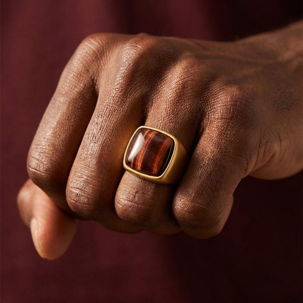 Natural Red Tiger Eye Stone BOLD Titanium Golden Ring | 18K Real Gold PVD Plated– For Men | Includes: Ring