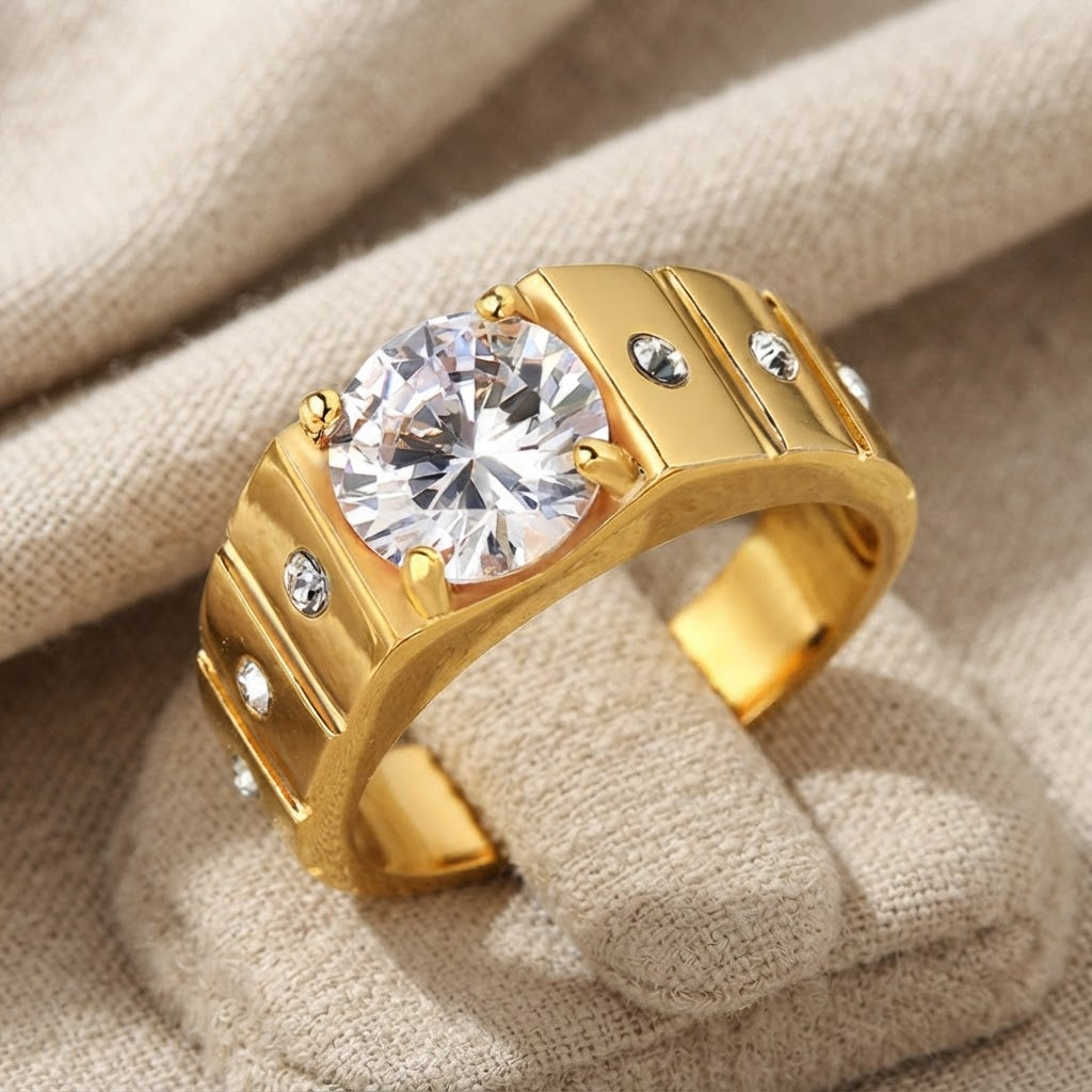 Ethnic Pyramid Solitire Clear Zircon Ring | 18K Real Gold PVD Plated– For Men | Includes: Ring