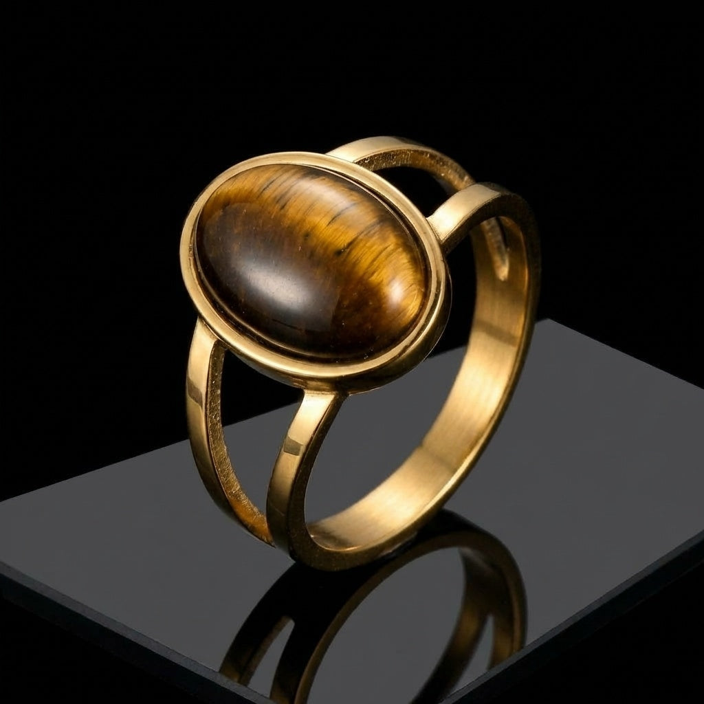 Cat's Eye Stone Golden Dual Band Oval Ring | 18K Real Gold PVD Plated– For Men | Includes: Ring