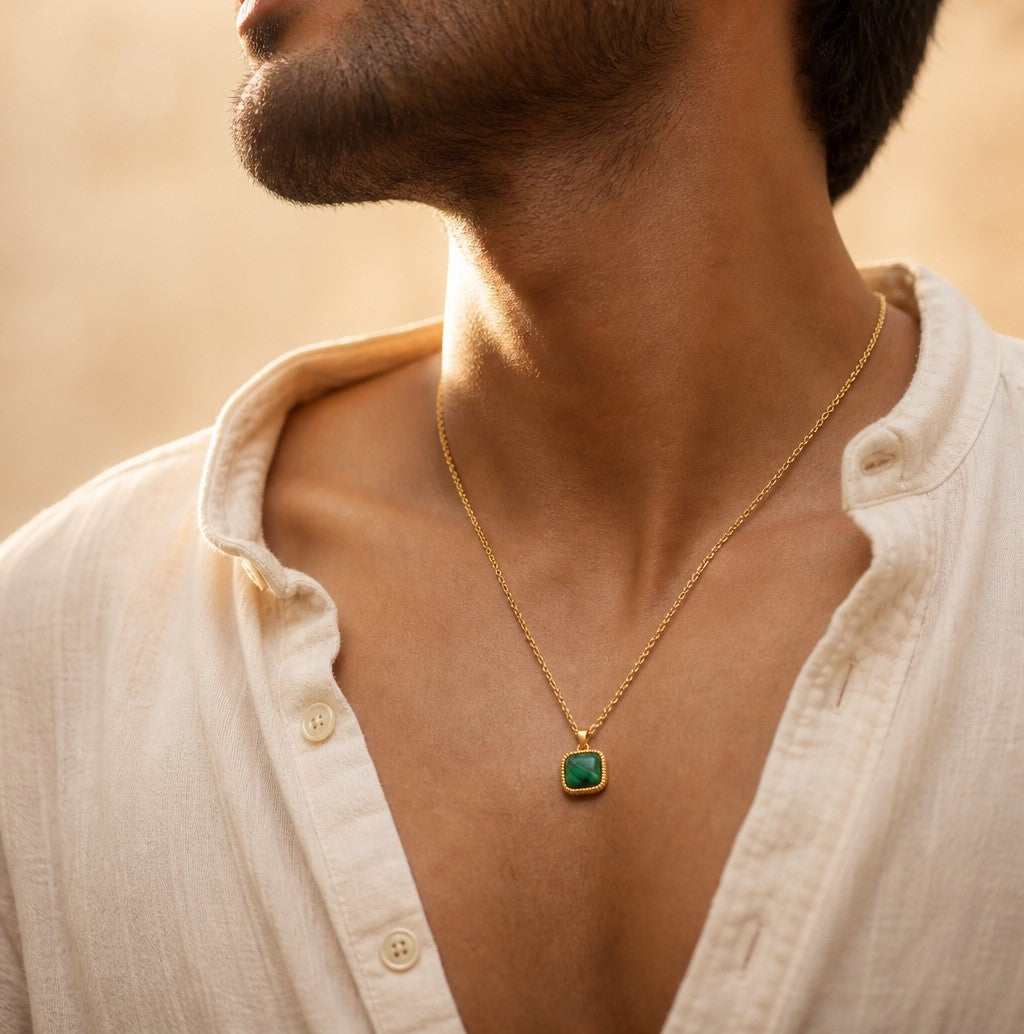 Malachite Center Piece Men's Dainty Necklace | 18K PVD Gold Plated - For Men| Includes: Necklace