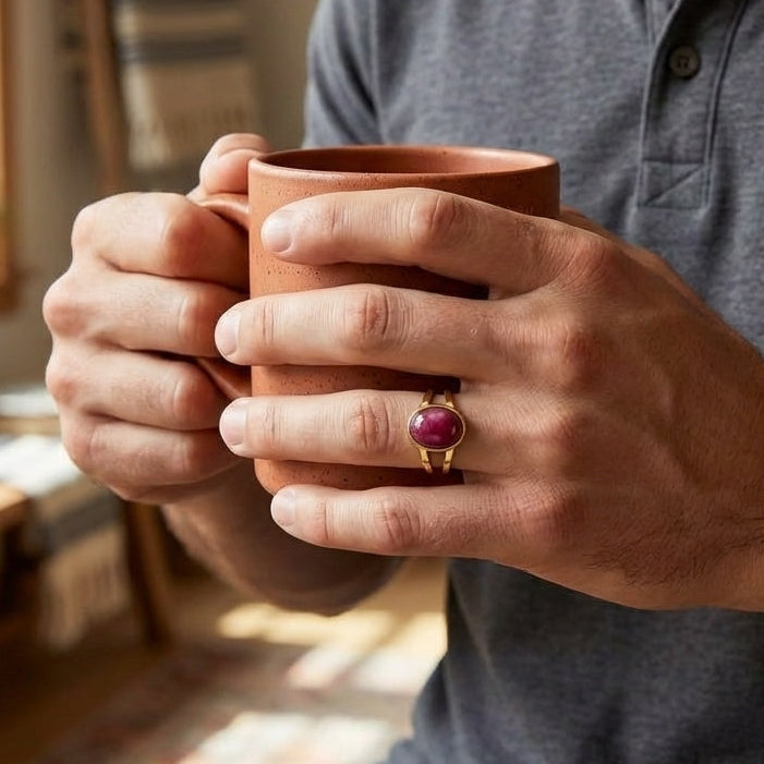 Pink Aventurine Stone Golden Dual Band Oval Ring | 18K Real Gold PVD Plated– For Men | Includes: Ring