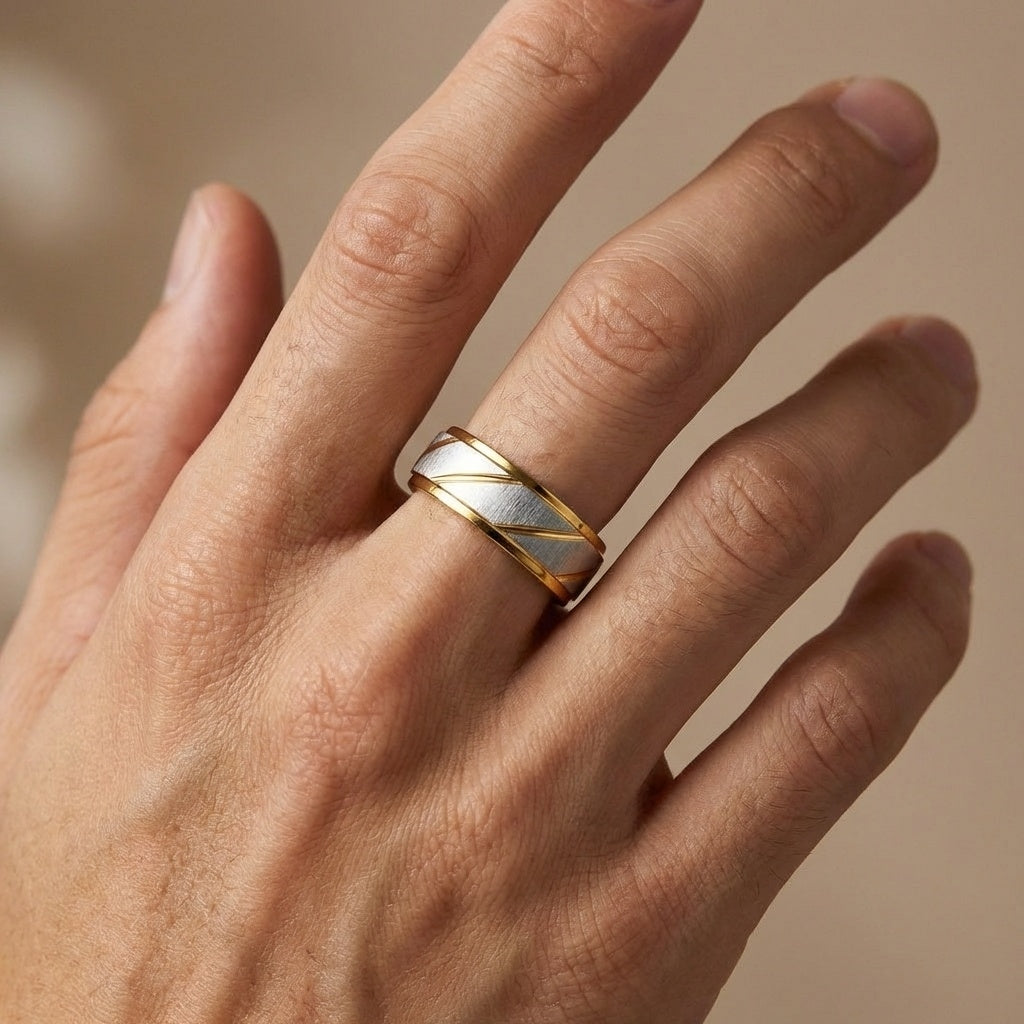 Textured Titanium Steel Golden Ring | 18K Real Gold PVD Plated– For Men | Includes: Ring