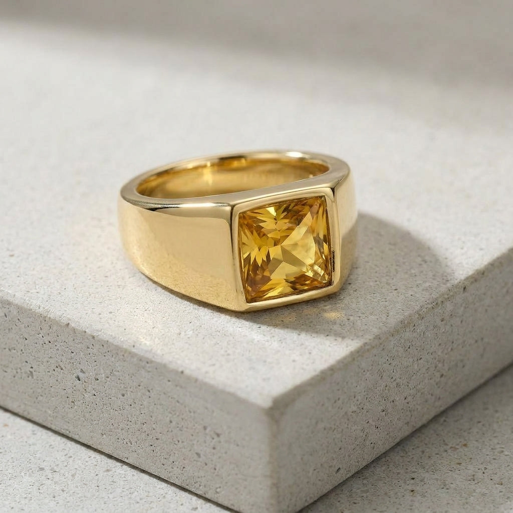 Golden Regular Yellow Square Zircon Titanium Ring | 18K Real Gold PVD Plated– For Men | Includes: Ring