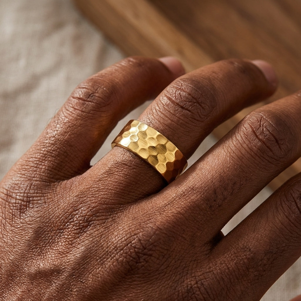 Hammered Titanium Steel Golden Ring | 18K Real Gold PVD Plated– For Men | Includes: Ring
