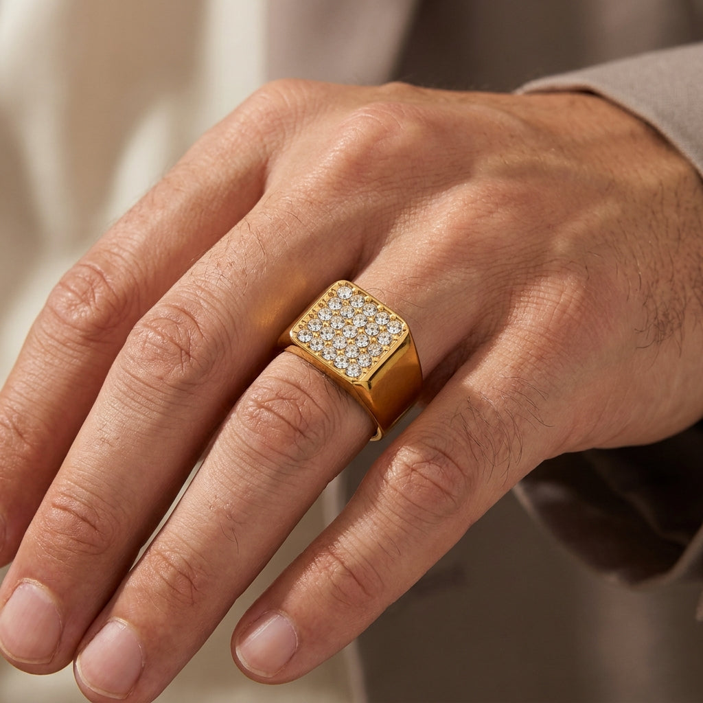 Golden Multi Zircon Square Inlay Steel Ring | 18K Real Gold PVD Plated– For Men | Includes: Ring