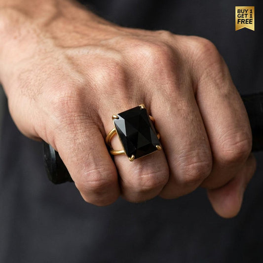 BOLD Blaxk Onyx Stone Golden Flexi Size Ring | 18K Real Gold PVD Plated– For Men | Includes: Ring
