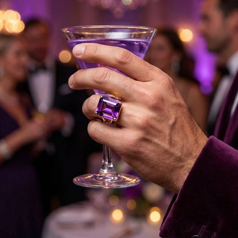 BOLD Natural Amethyst Stone Golden Flexi Size Ring | 18K Real Gold PVD Plated– For Men | Includes: Ring