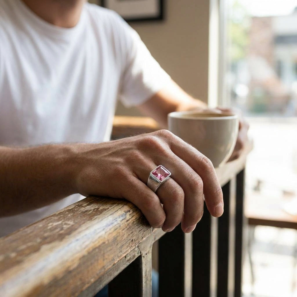 Regular Pink Square Zircon Titanium Ring | PVD Plated– For Men | Includes: Ring