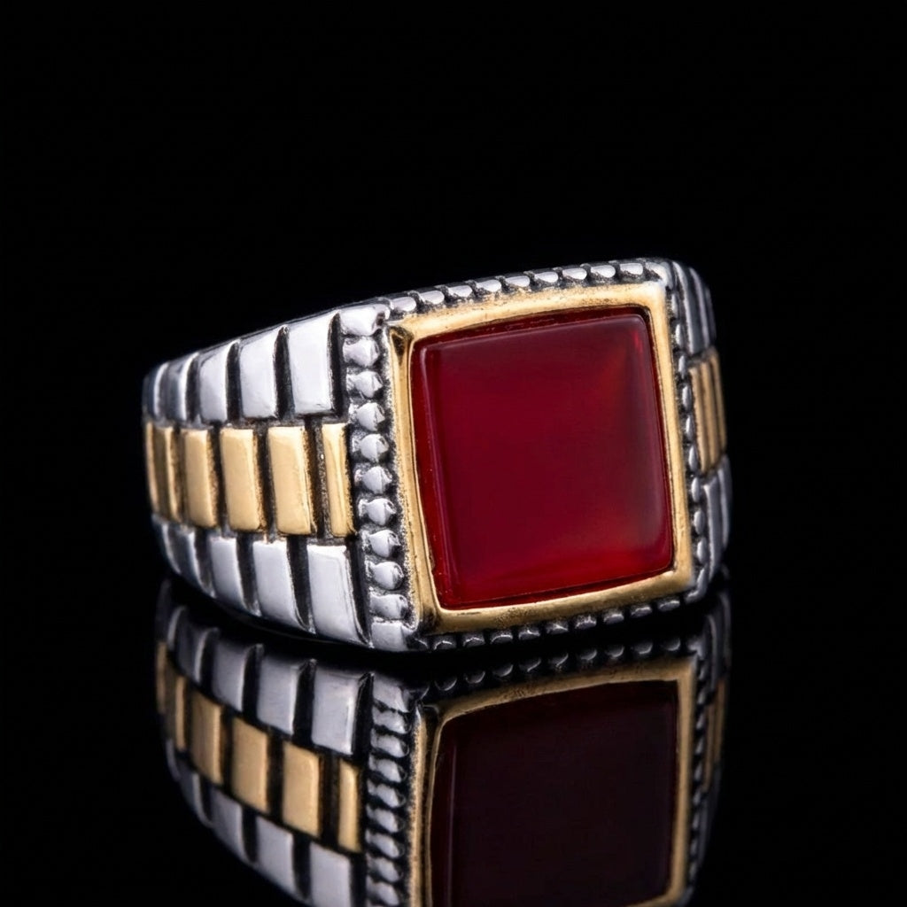 Natural Red Onyx Stone Pyramid Ring | TITANIUM STEEL– For Men | Includes: Ring