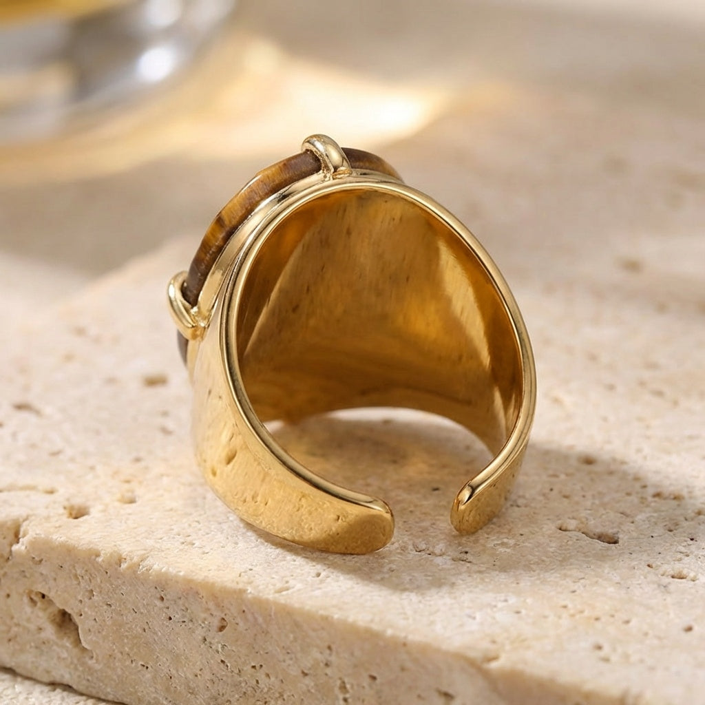 Natural Tiger Eye Faceted Stone Golden Flexi Size Ring | 18K Real Gold PVD Plated– For Men | Includes: Ring