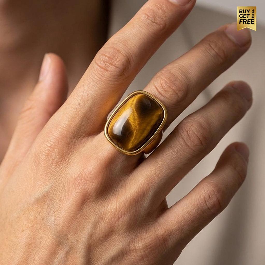 Ultra Bold Natural Cat's Eye Stone Golden Ring | 18K Real Gold PVD Plated– For Men | Includes: Ring