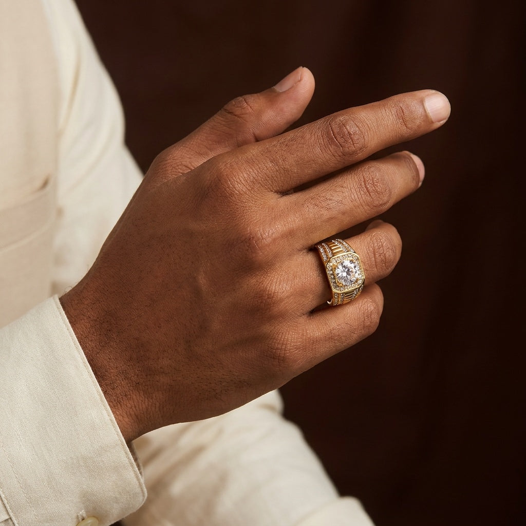 Classic Heritage Clear Zircon Ring | 18K Real Gold PVD Plated– For Men | Includes: Ring