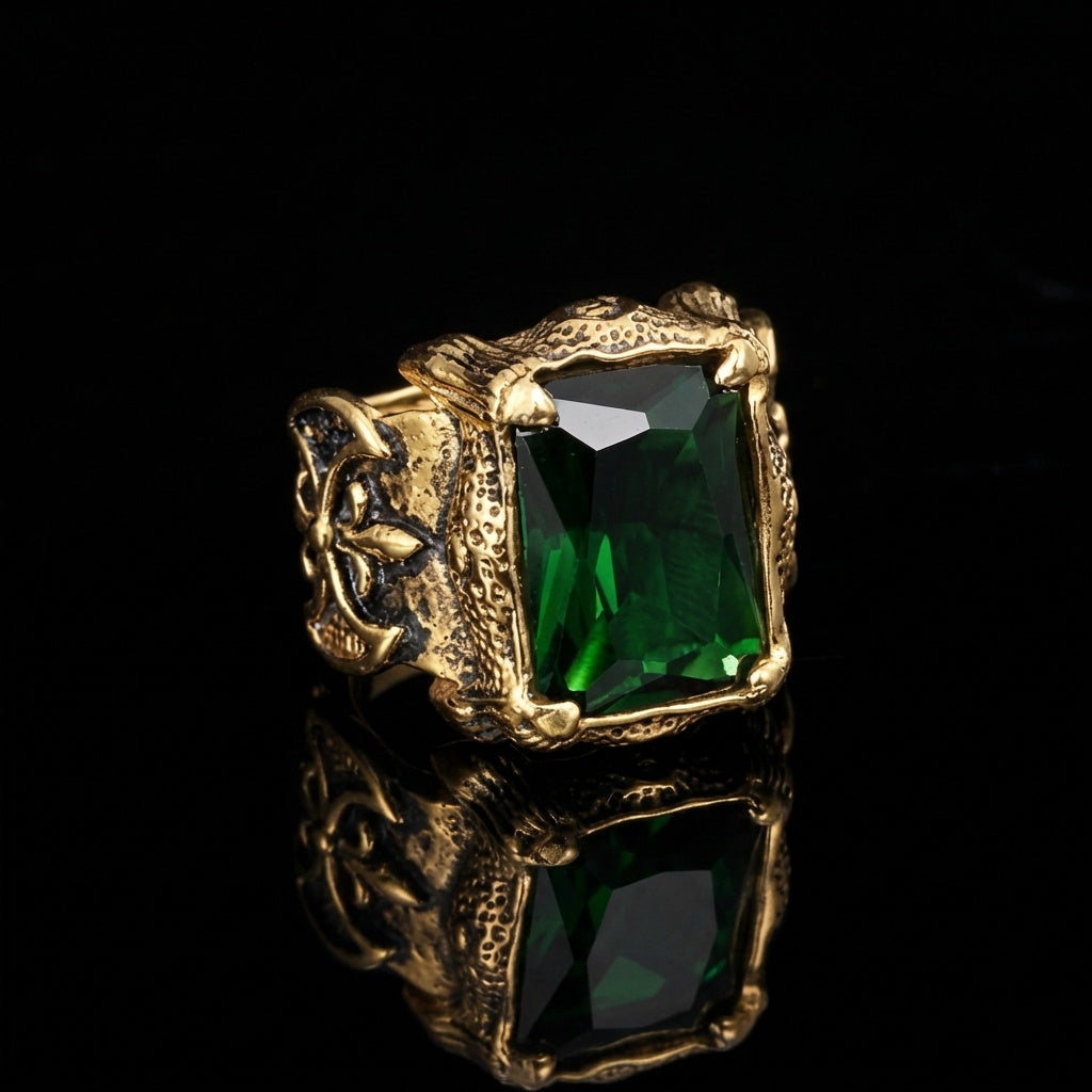 Green Zircon BOLD Iranian Golden Titanium Ring | 18K Real Gold PVD Plated– For Men | Includes: Ring