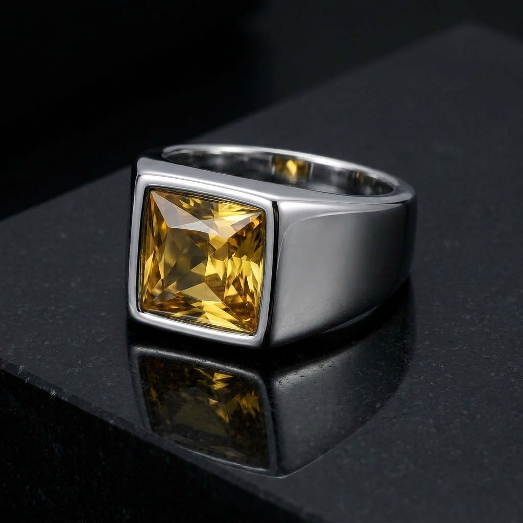 Regular Yellow Square Zircon Titanium Ring | PVD Plated– For Men | Includes: Ring