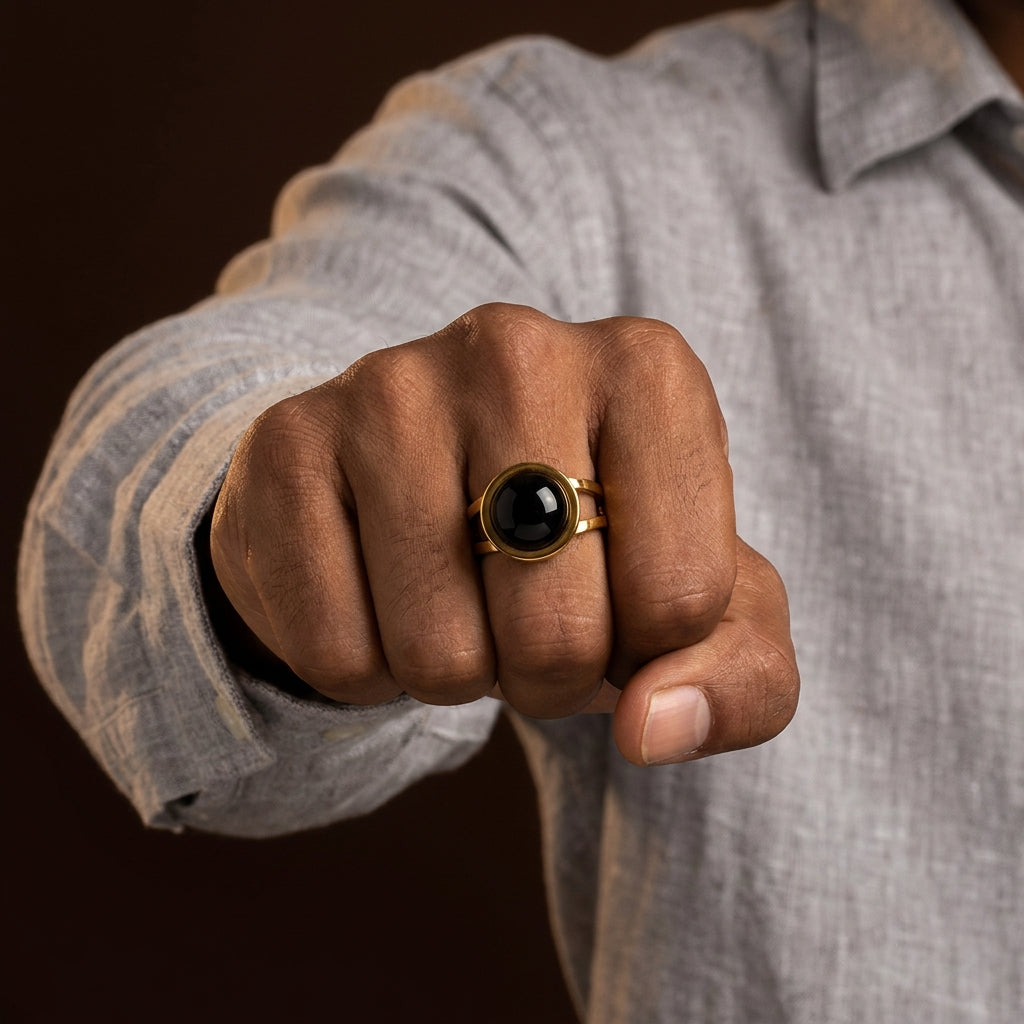Black Onyx Stone Flexi Size Golden Ring | 18K Real Gold PVD Plated– For Men | Includes: Ring