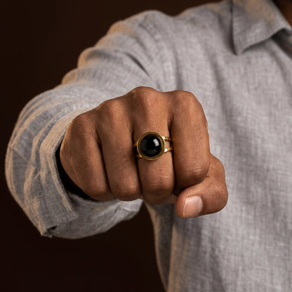 Black Onyx Stone Flexi Size Golden Ring | 18K Real Gold PVD Plated– For Men | Includes: Ring