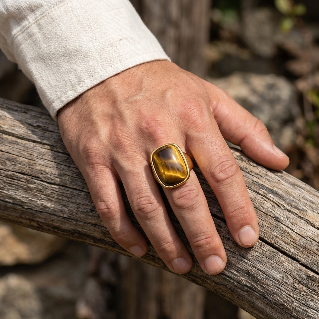 Ultra Bold Natural Cat's Eye Stone Golden Ring | 18K Real Gold PVD Plated– For Men | Includes: Ring