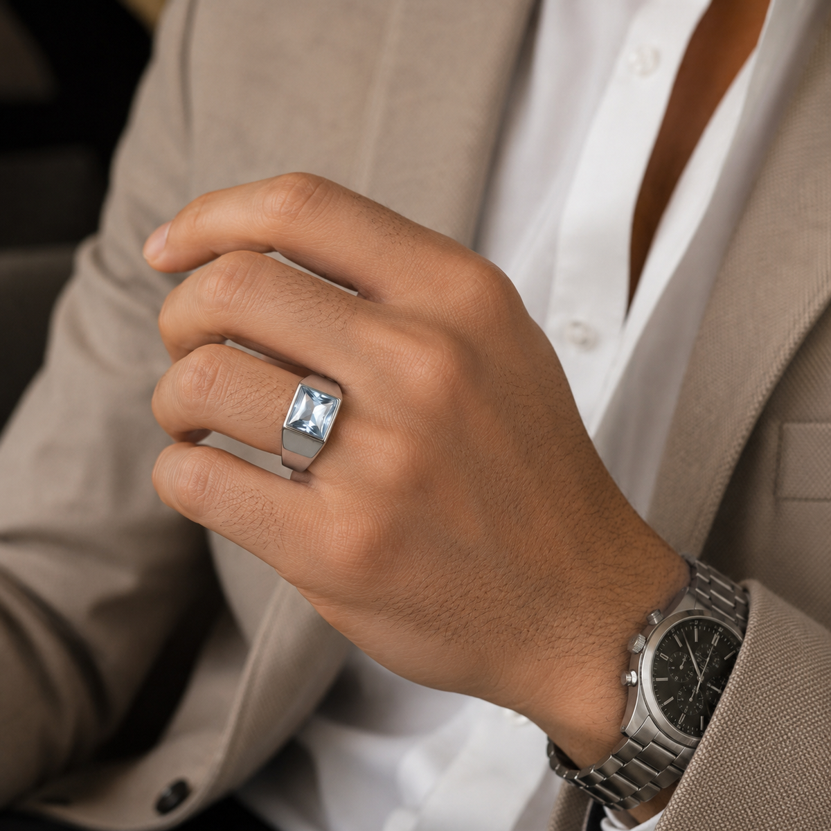 Regular Watery Blue Square Zircon Titanium Ring | PVD Plated– For Men | Includes: Ring