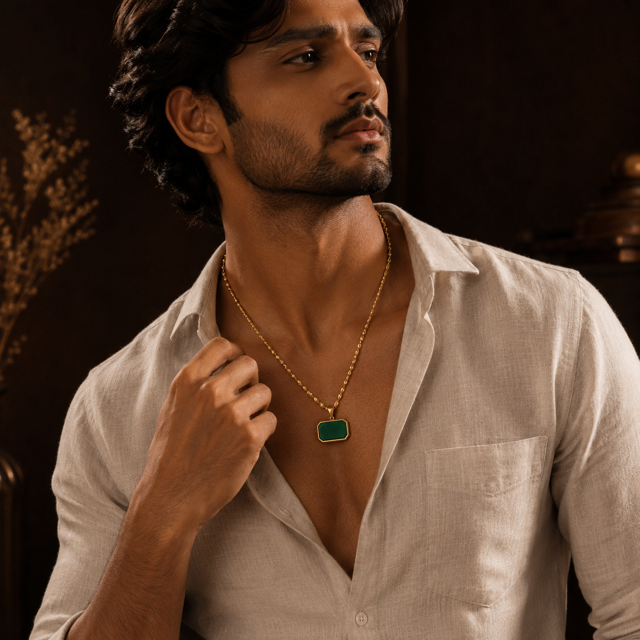 Green Jade REAL Stone Men's Necklace | 18K PVD Gold Plated - For Men| Includes: Necklace