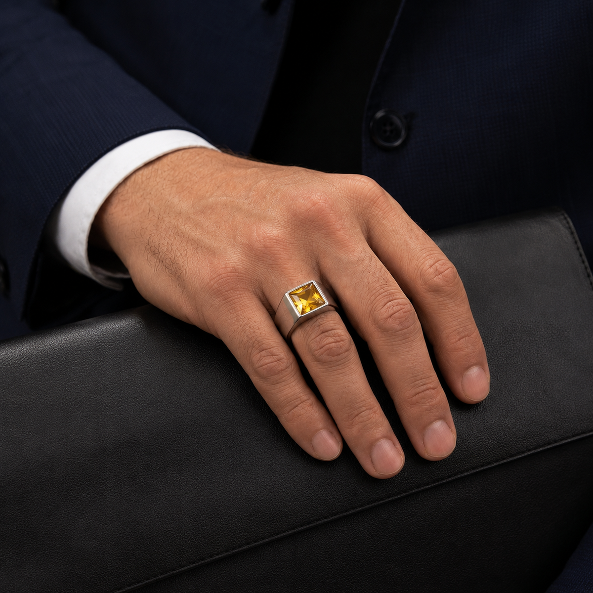 Regular Yellow Square Zircon Titanium Ring | PVD Plated– For Men | Includes: Ring