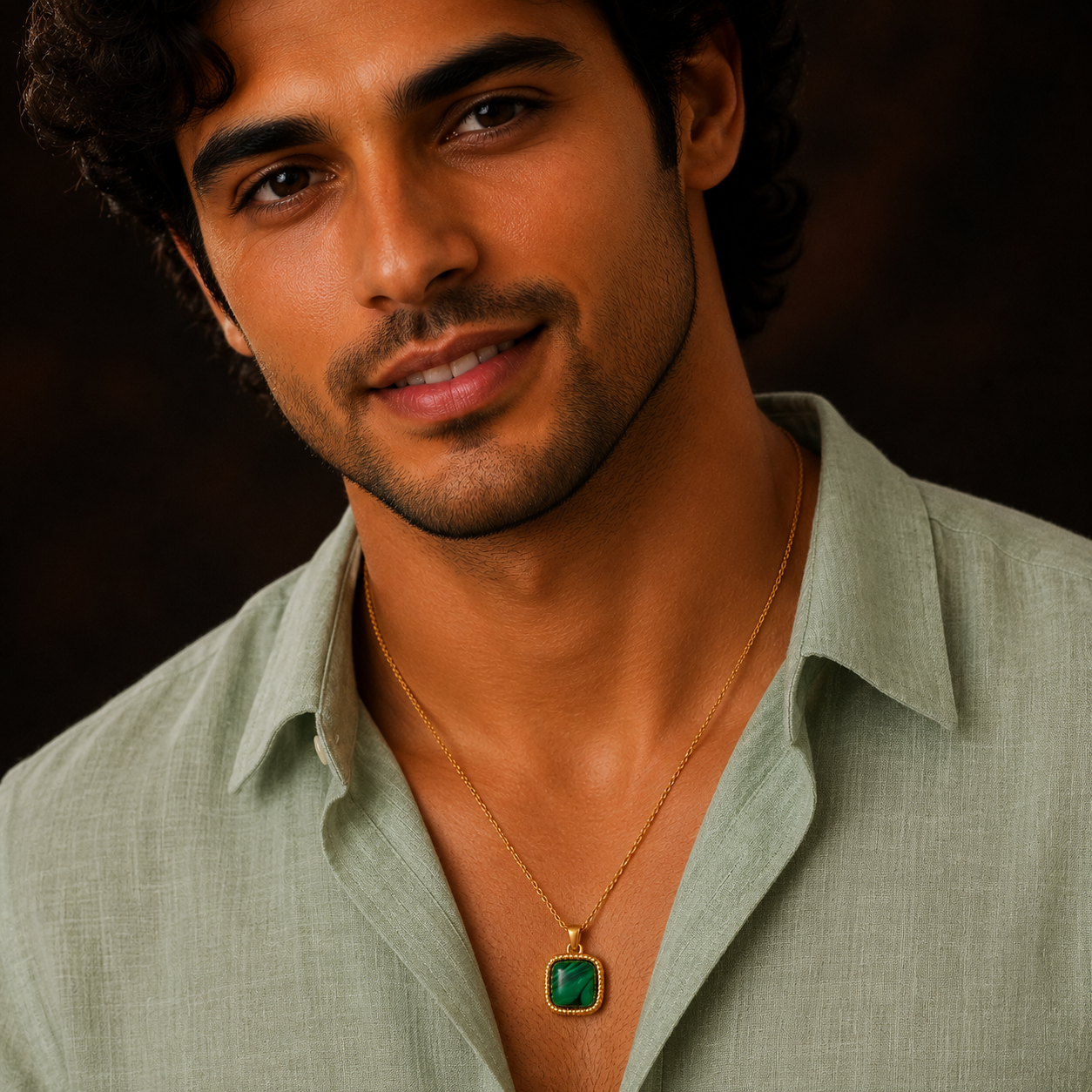Malachite Center Piece Men's Dainty Necklace | 18K PVD Gold Plated - For Men| Includes: Necklace