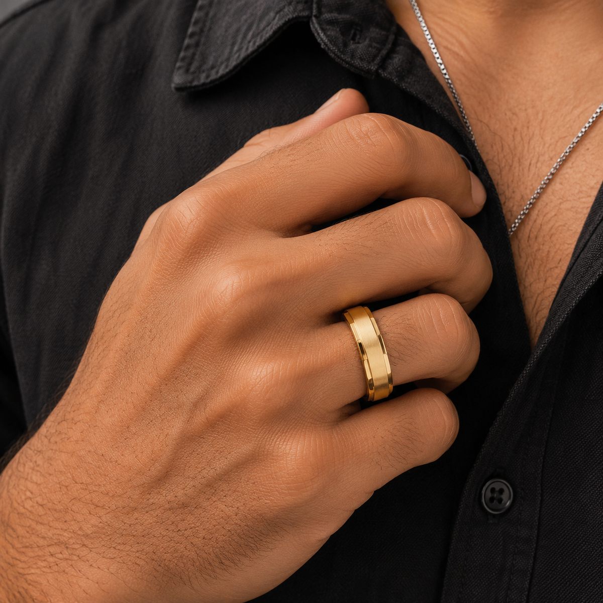 Premium side faceted Golden Steel Ring | 18K Real Gold PVD Plated– For Men | Includes: Ring