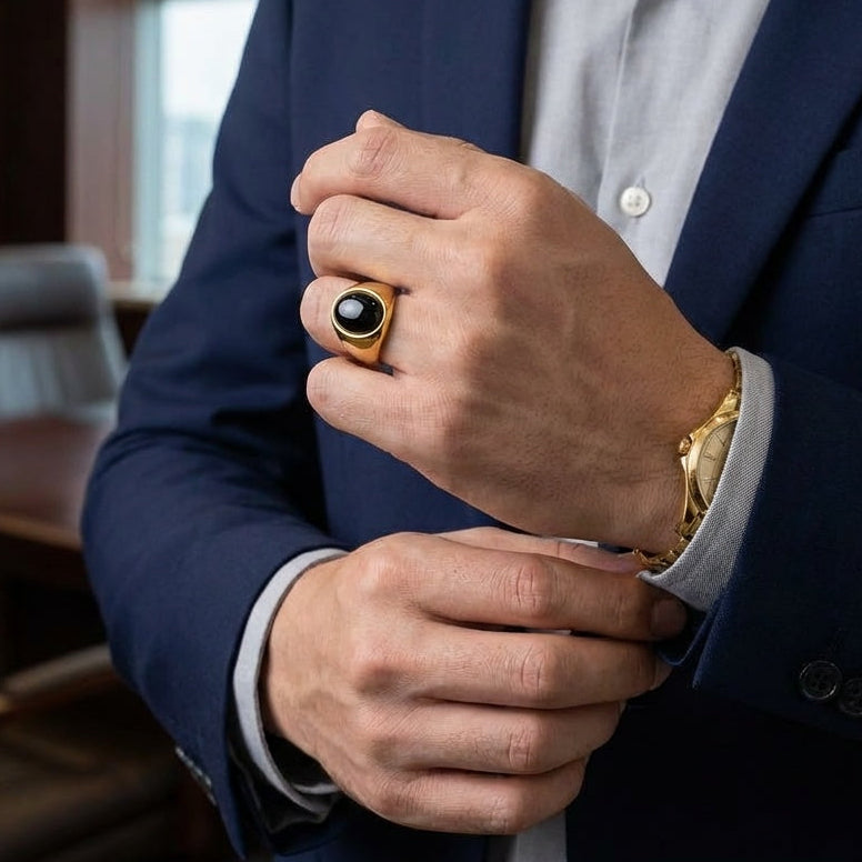 Natural BOLD Black Onyx Stone Golden Ring | 18K Real Gold PVD Plated– For Men | Includes: Ring