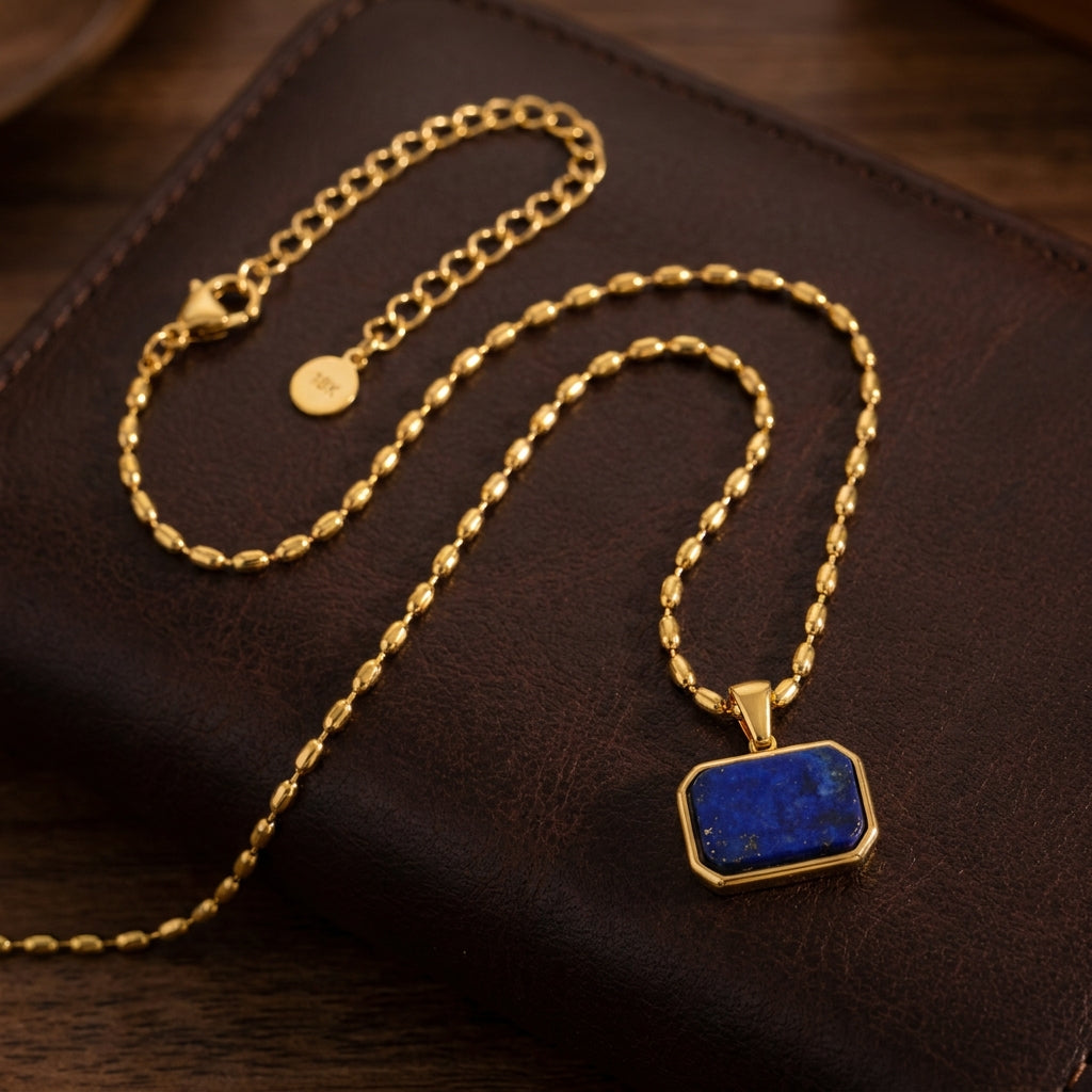 Lapis Lazuli REAL Stone Men's Necklace | 18K PVD Gold Plated - For Men| Includes: Necklace