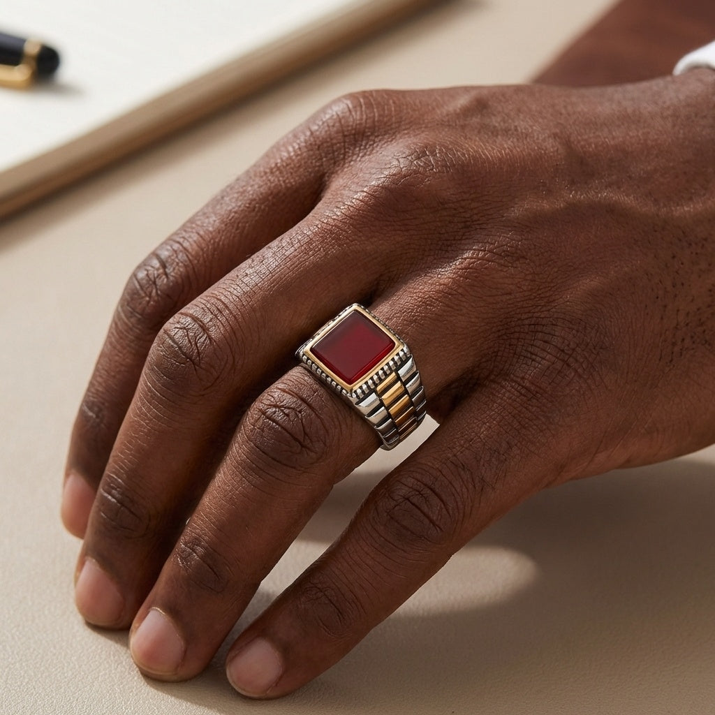 Natural Red Onyx Stone Pyramid Ring | TITANIUM STEEL– For Men | Includes: Ring