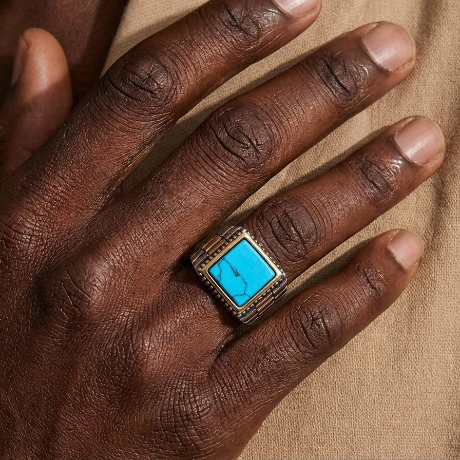Natural Turquoise Stone Pyramid Ring | TITANIUM STEEL– For Men | Includes: Ring