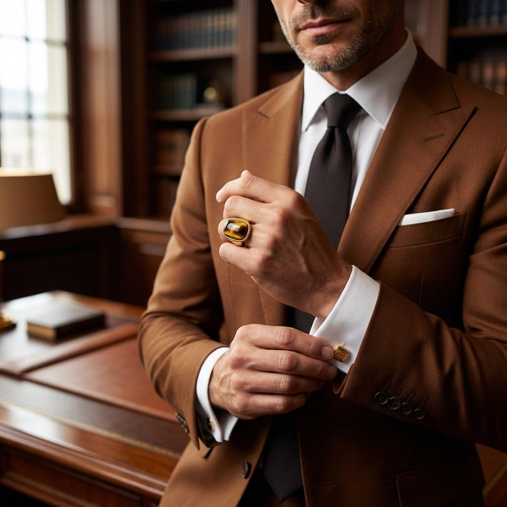 Ultra Bold Natural Cat's Eye Stone Golden Ring | 18K Real Gold PVD Plated– For Men | Includes: Ring